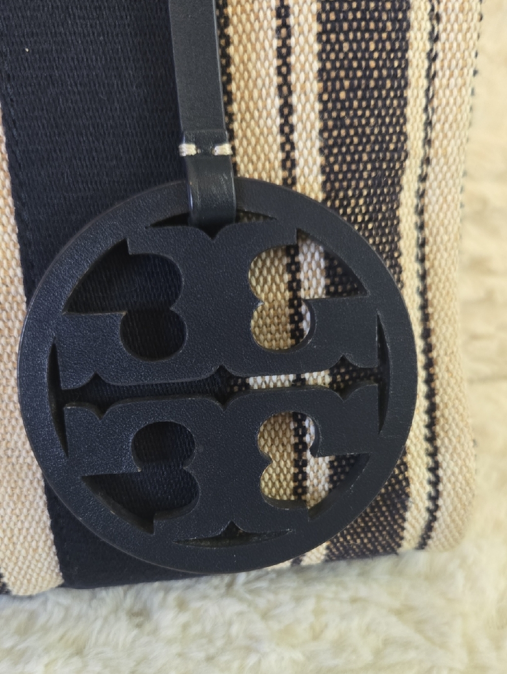 Tory Burch Blue & Cream Striped Crossbody Tote With Large Tory Emblem EUC - Picture 2 of 9